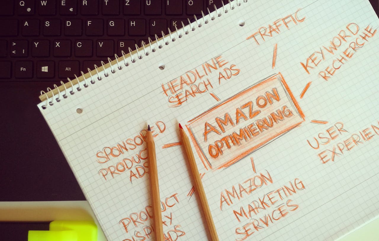 our-story Visual representation of Amazon optimization techniques with handwritten notes and pencils.